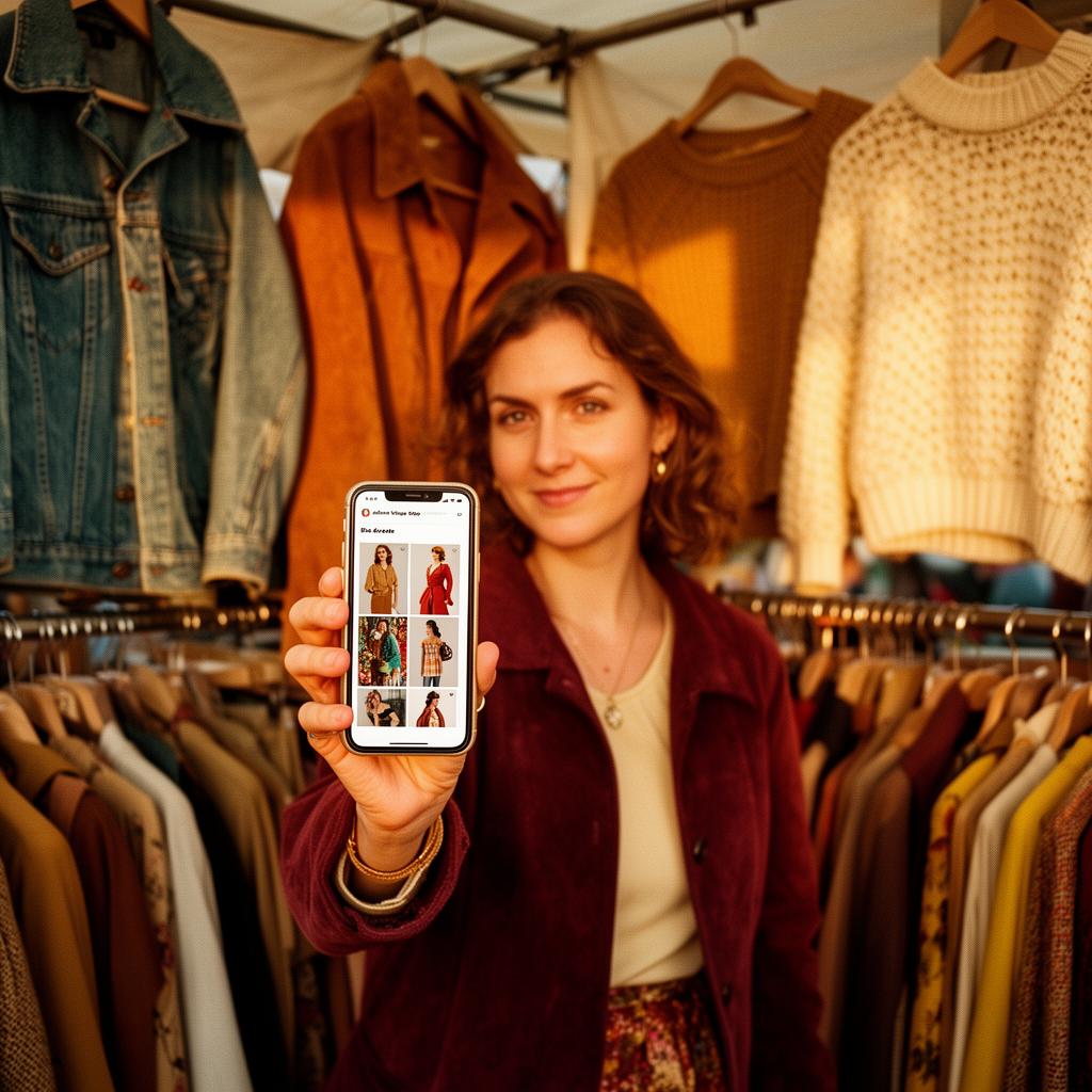 Vintage reseller at her market stall pulling up her Snag storefront on her phone